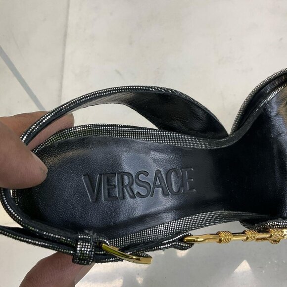 Versace Silver Gold Black Leather Bling Embellished Slingback Pumps 35.5 / US 5 - Picture 7 of 15